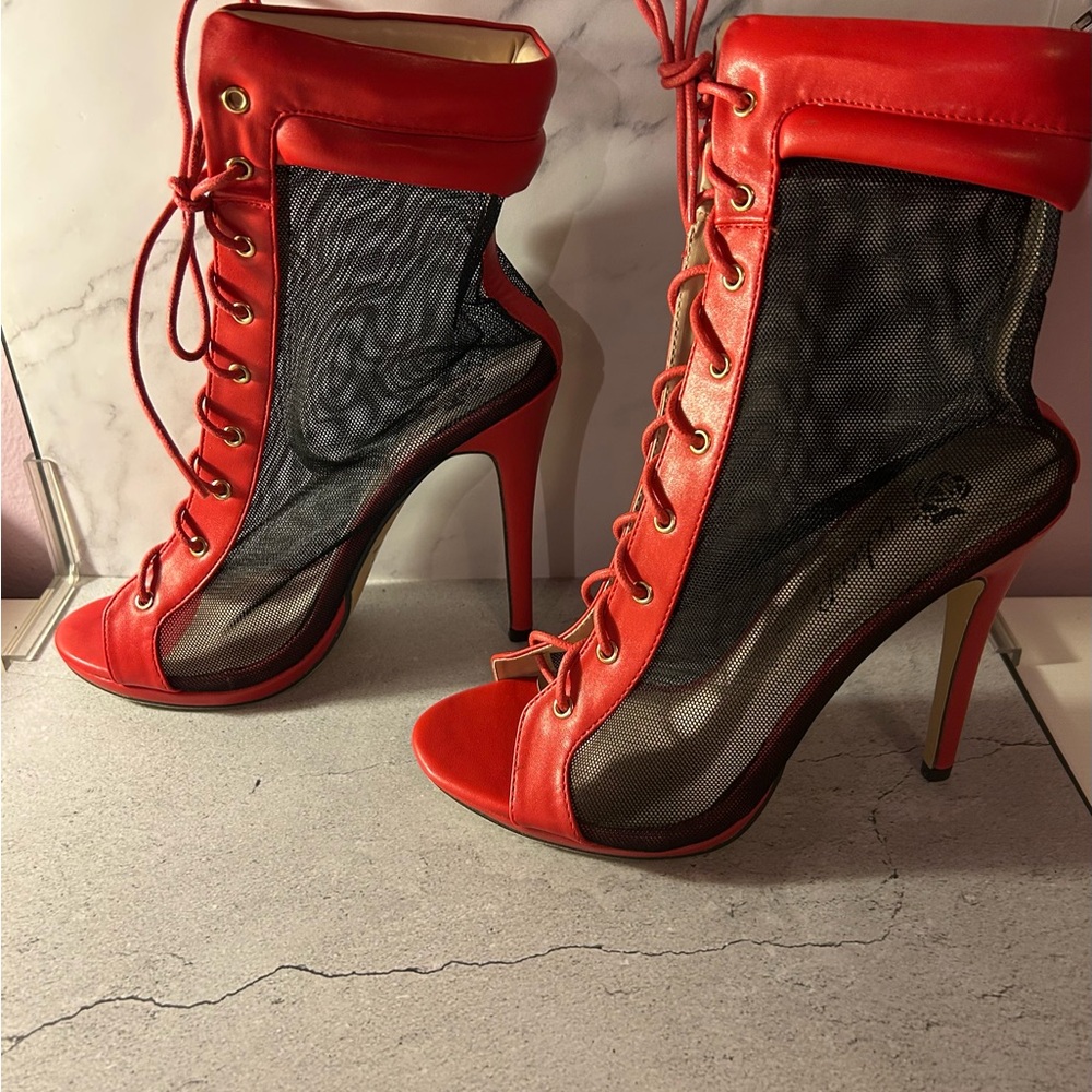 Wild Rose Red Lace-Up Peep Toe Heels